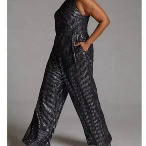 Anthropologie Maeve 26W NWT Metallic Disco Halter Wide Leg Jumpsuit Silver Black